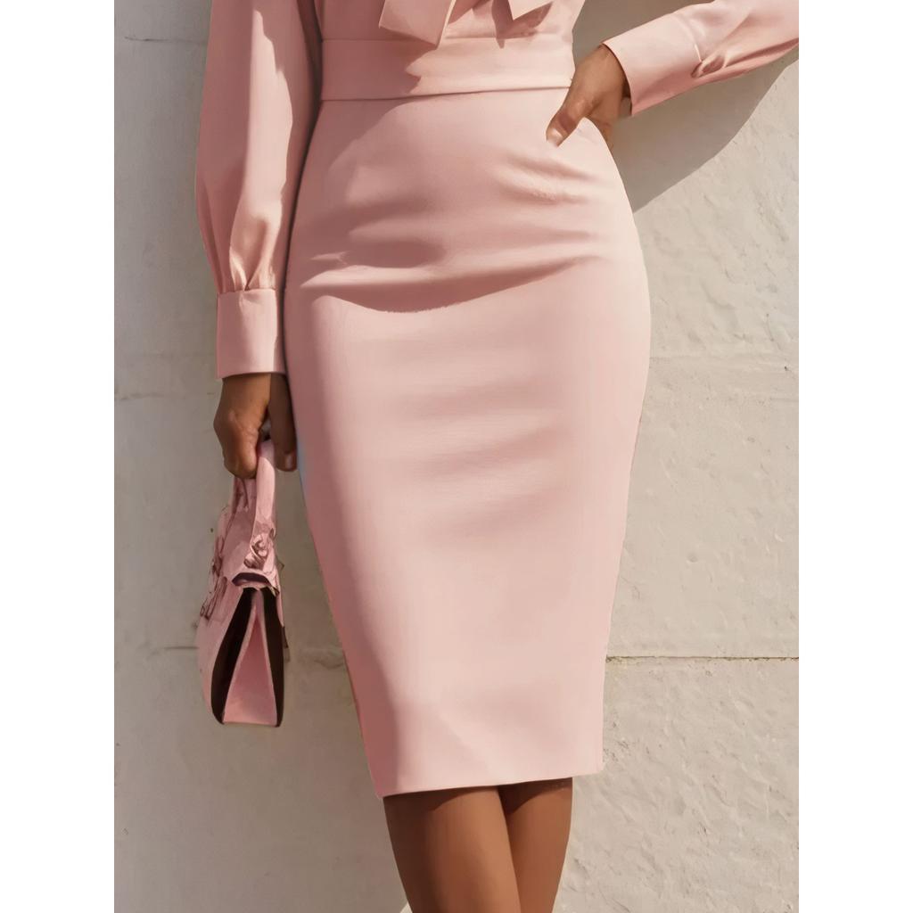 Женское платье с поясом-бантом на талии, элегантное однотонное офисное платье с приталенным силуэтом, деловая повседневная рабочая одежда для профессиональной обстановки