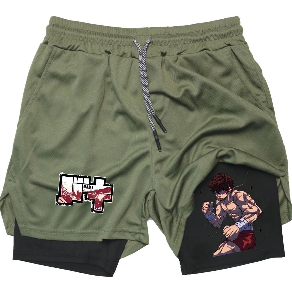 Аниме мужские шорты с принтом поддельные двухкомпонентные двухслойные быстросохнущие спортивные повседневные шорты для фитнеса и бега трусцой тренировки M-3XL