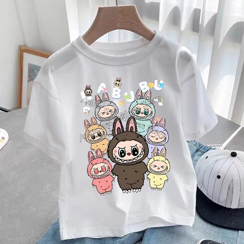 Белая футболка Labubu для детей Милая мультяшная футболка Топ Аниме Круглый воротник Короткий рукав Одежда Мода Детская летняя одежда Подарок