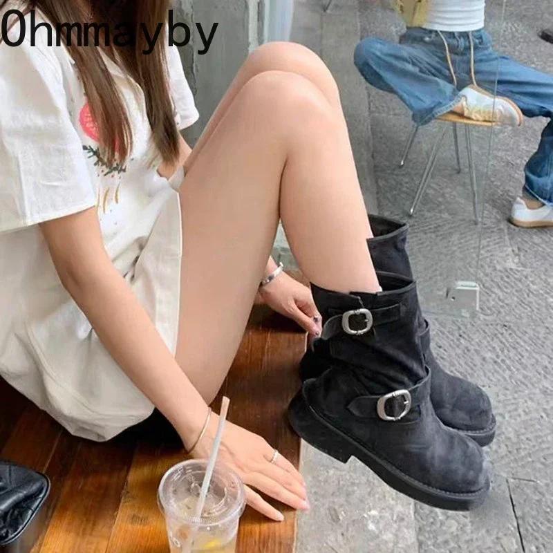 Fashion Retro Style Women Motorcycle Boots Fashion Metal Buckle Platform Heel Short Booties Winter Comfort Women's Footwear