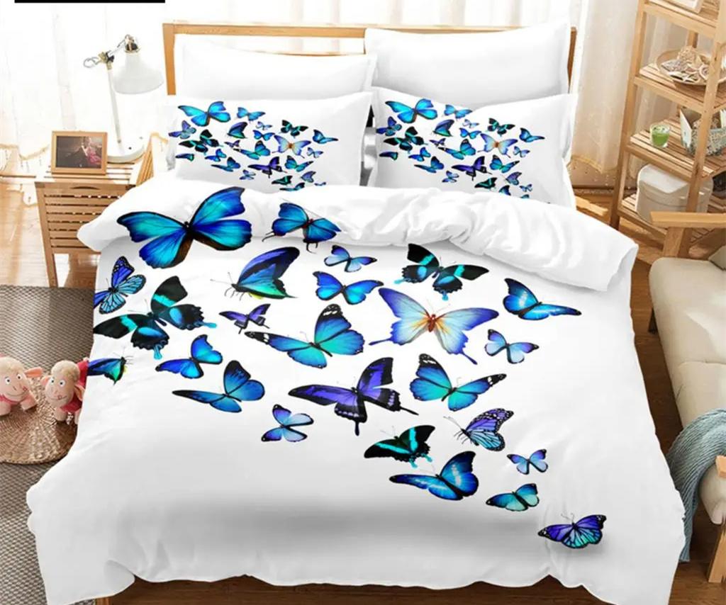 Blue Butterfly Duvet Cover Collection King Queen Twin Size Double Bed Single 3D Queen Bedding Collections Pink Quilt Cover With 2 Pillowcases