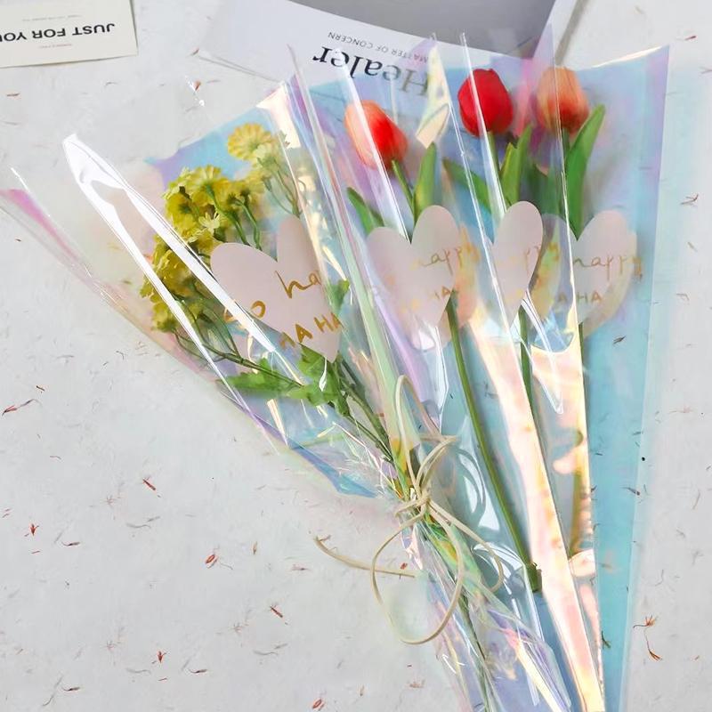 10Pcs Color Transparent Rose Packaging Bags Flower Bouquet Plastic Bag Bouquet Wrapping Paper One Straight Bag Flower Packaging