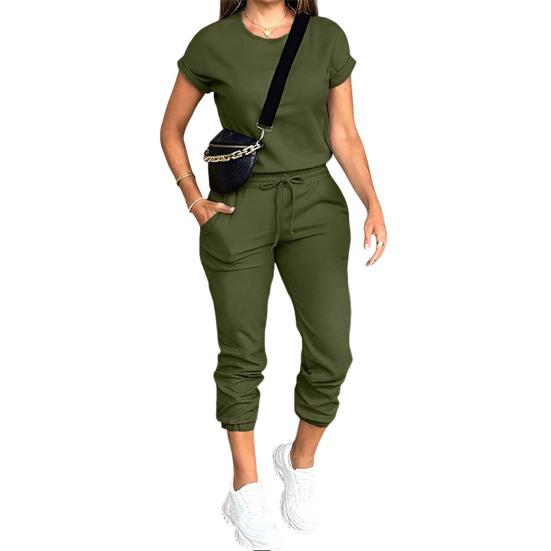 Женский спортивный костюм с коротким рукавом Yousheng, повседневный топ с круглым вырезом и джоггеры на шнурке с карманами, женский спортивный комплект из двух частей