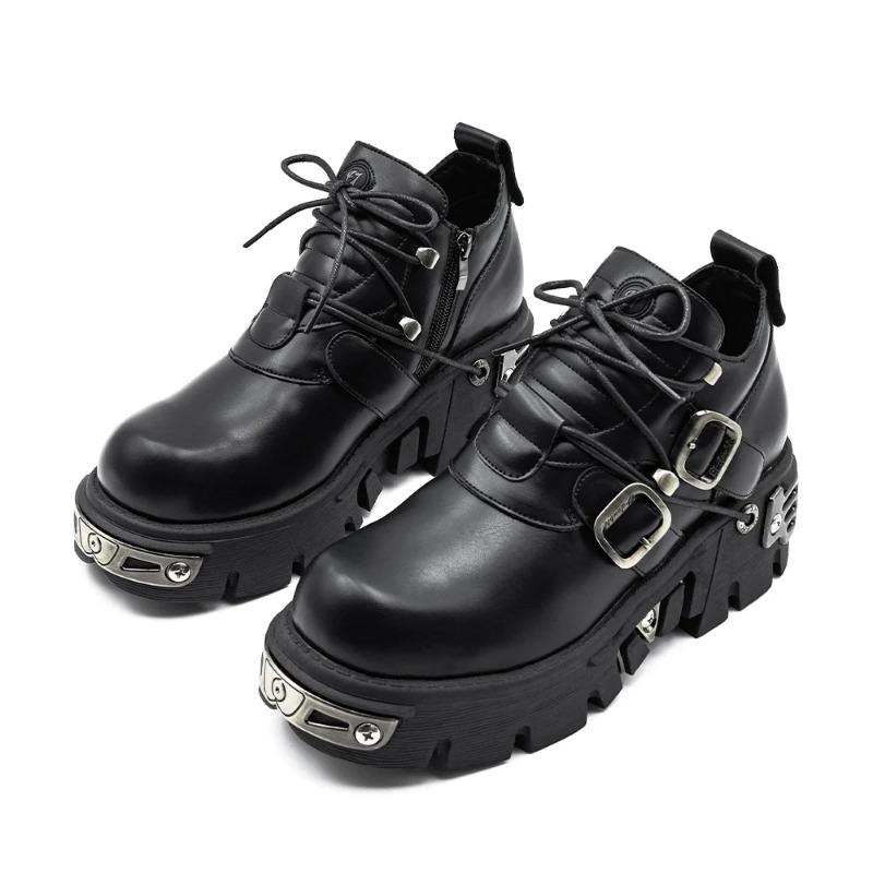 Мода 2025 Новый Темный Панк Стиль Женские Готические Винтажные Рок Ботинки с Резьбой в виде Пламени Кожаная Обувь Металлическая Ниша Низкие Платформы