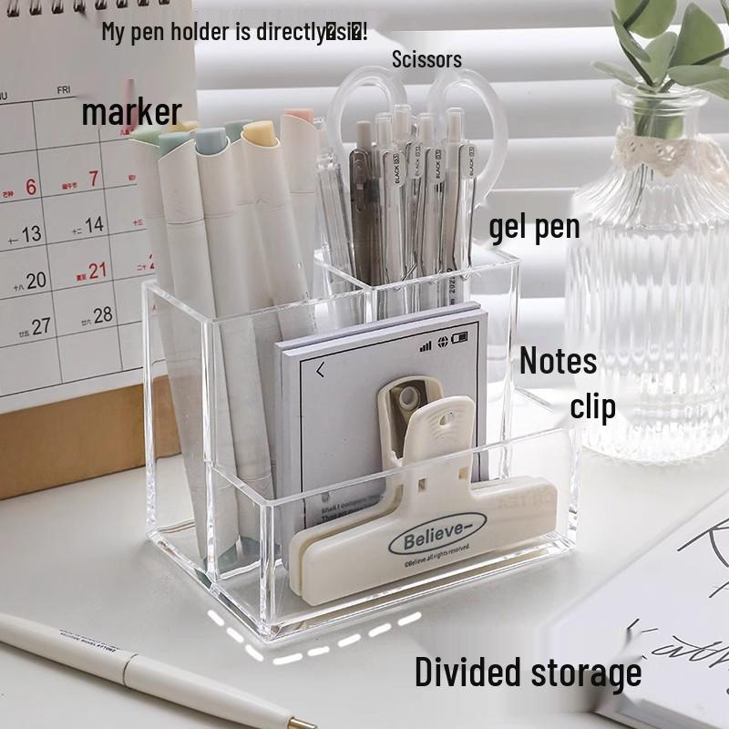 Acrylic Three-Compartment Pen Holder: Luxurious Multifunctional Desktop Organizer