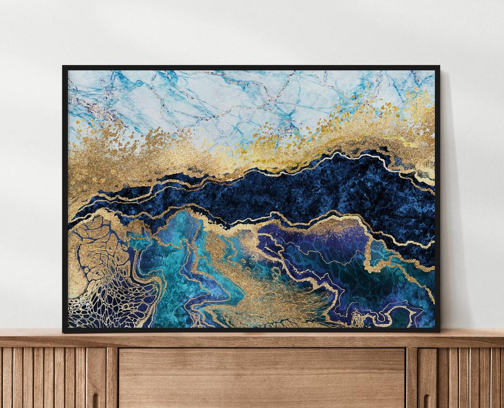 Poster Abstract Gold Blue Horizontal In Black Frame