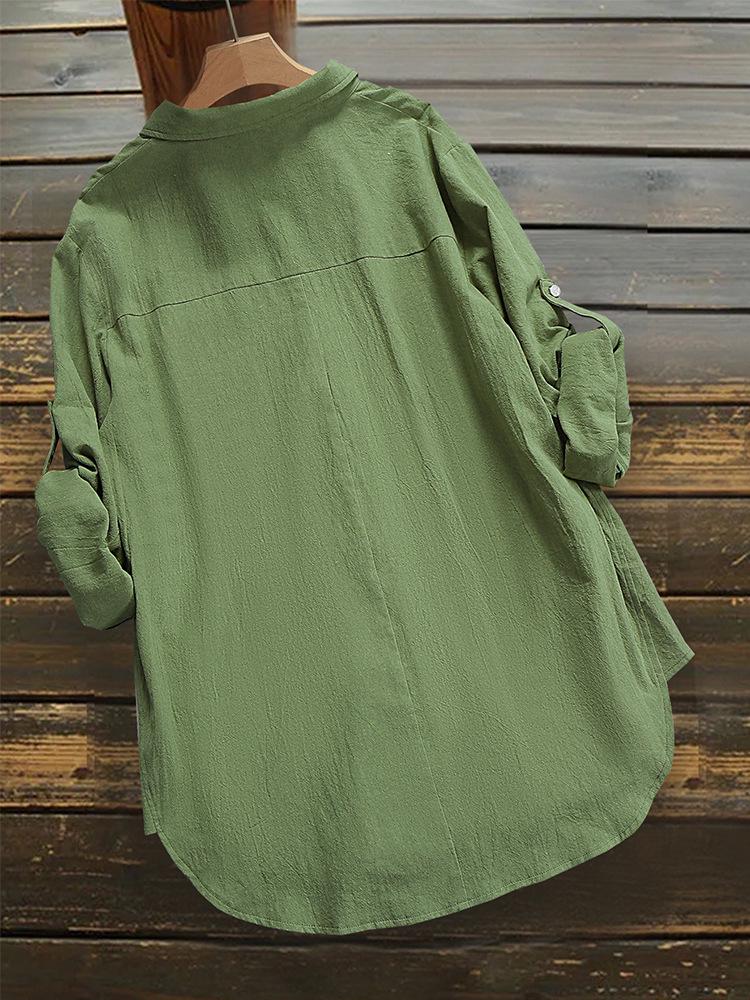 2025 Women's Solid Color Long Sleeve Button-Down Loose T-Shirt - European and American Style, Oversized Fit.