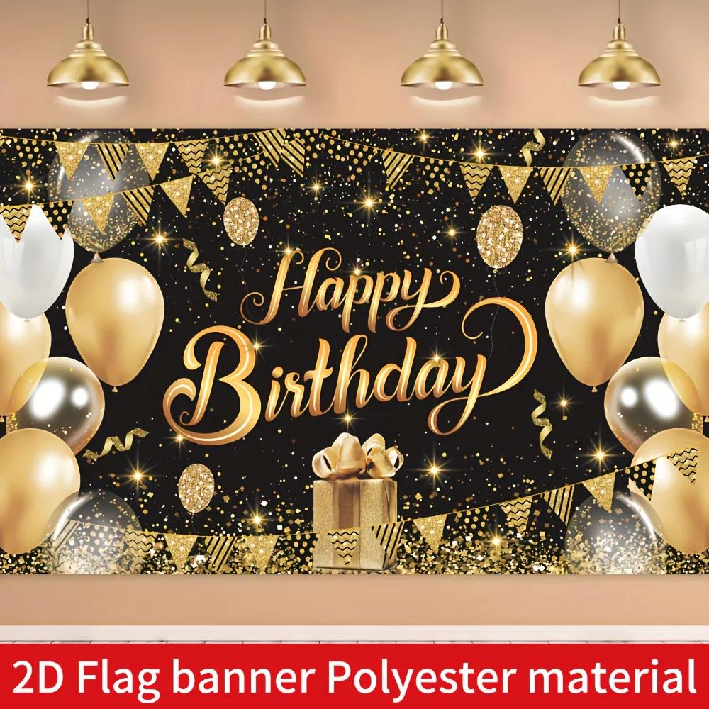2D flag banner, 1 birthday celebration photography backdrop, black and gold glittering birthday banner background