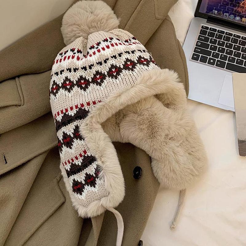 Knitted Fluzzy Russain Hat Trapper Earflap Outdoor Ski Cap Male Female Thick Warm Winter Beanie Hat Fur Pompom Bomber Hat