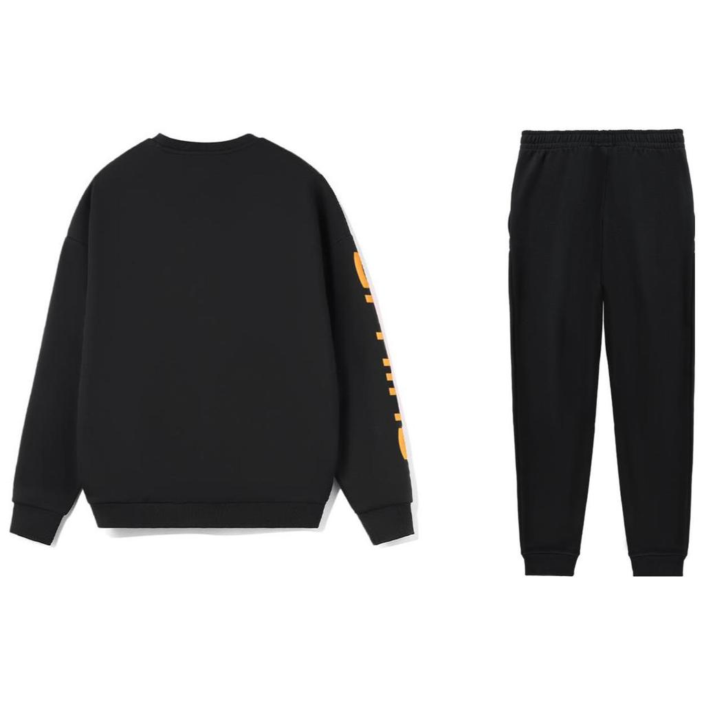 Свободный свитер с круглым вырезом и принтом логотипа Li Ning, теплые флисовые спортивные штаны с длинными рукавами и манжетами, комплект с капюшоном для мужчин, черный AWDSD23-3+AKLSC99-1