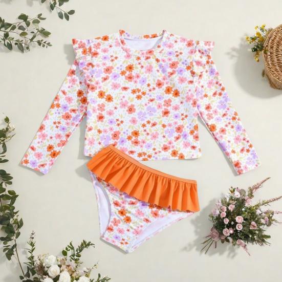 Girls Sun Protection Swimsuit Set Two Piece Rash Guard Long Sleeve Bathing Suit Tankini with Bikini Bottoms Floral Print Kids Beachwear