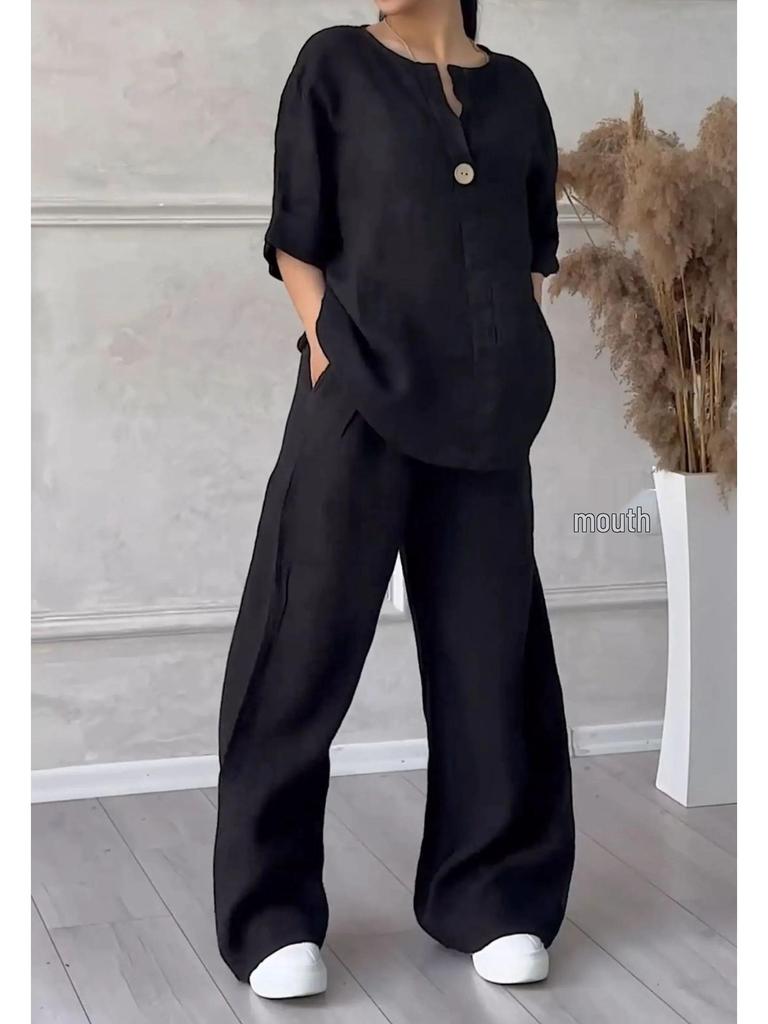 Летний женский комплект больших размеров из хлопка и льна: рубашка и длинные брюки с высокой талией