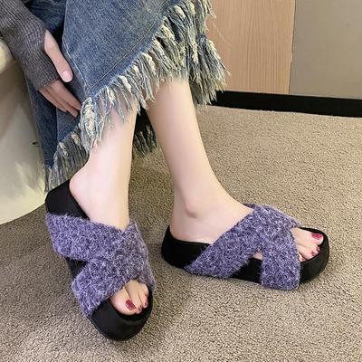 Модные тапочки Женские Зима 2024 Корейский стиль Модные женские тапочки на платформе Однотонные и простые Женские шлепанцы на одно слово Zapatos