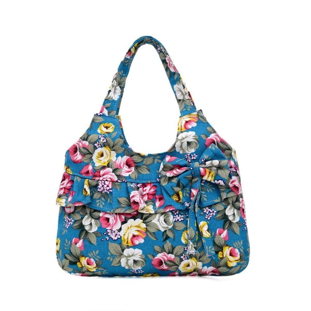 Retro Women Canvas Handbag Bow Shoulder Bag Female Flower Printed Fashion Small Canvas Bag