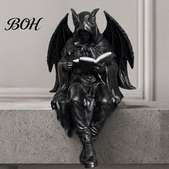 Skeleton Desktop Decor Halloween Reading Book Figurine, Spooky Devil Resin Sculpture, Gothic Winged Sculpture Black Robe Grim Reaper Statue