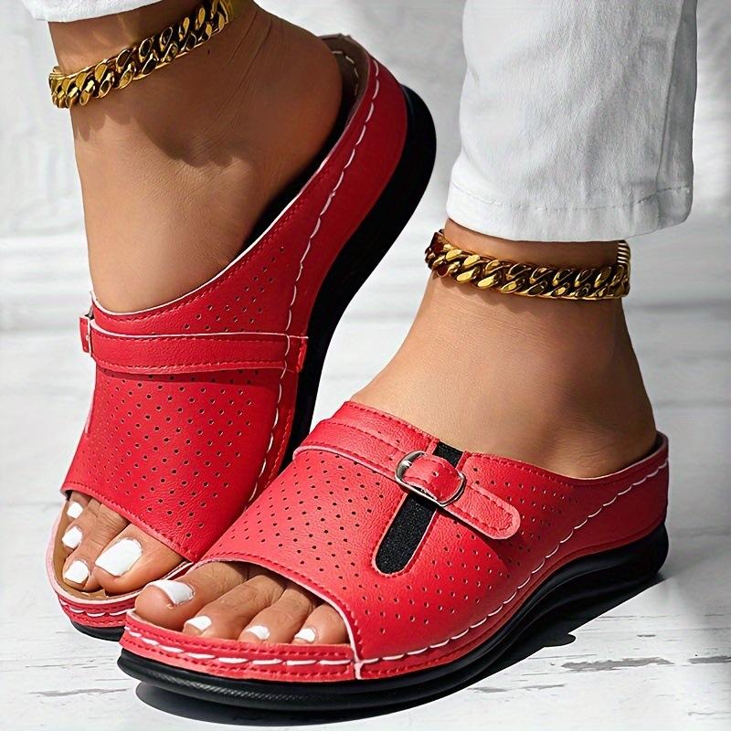 Shoes with Hollowed Out Fish Mouth Button and Sloping Heel Sandals