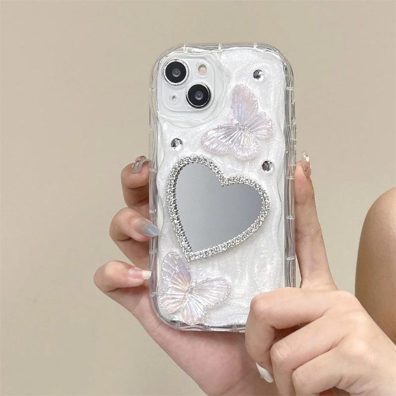 Diamond Bling Glitter Butterfly 3D Phone Case For iPhone 14 13 12 11 15 Pro Max X XR XS Silicone Love Heart Makeup Mirror Cover