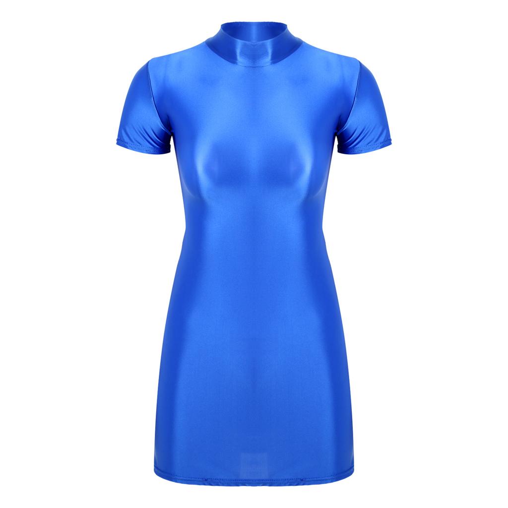 Womens Bodycon Mini Dress Glossy Fabric Mock Neck Short Sleeve Clubwear