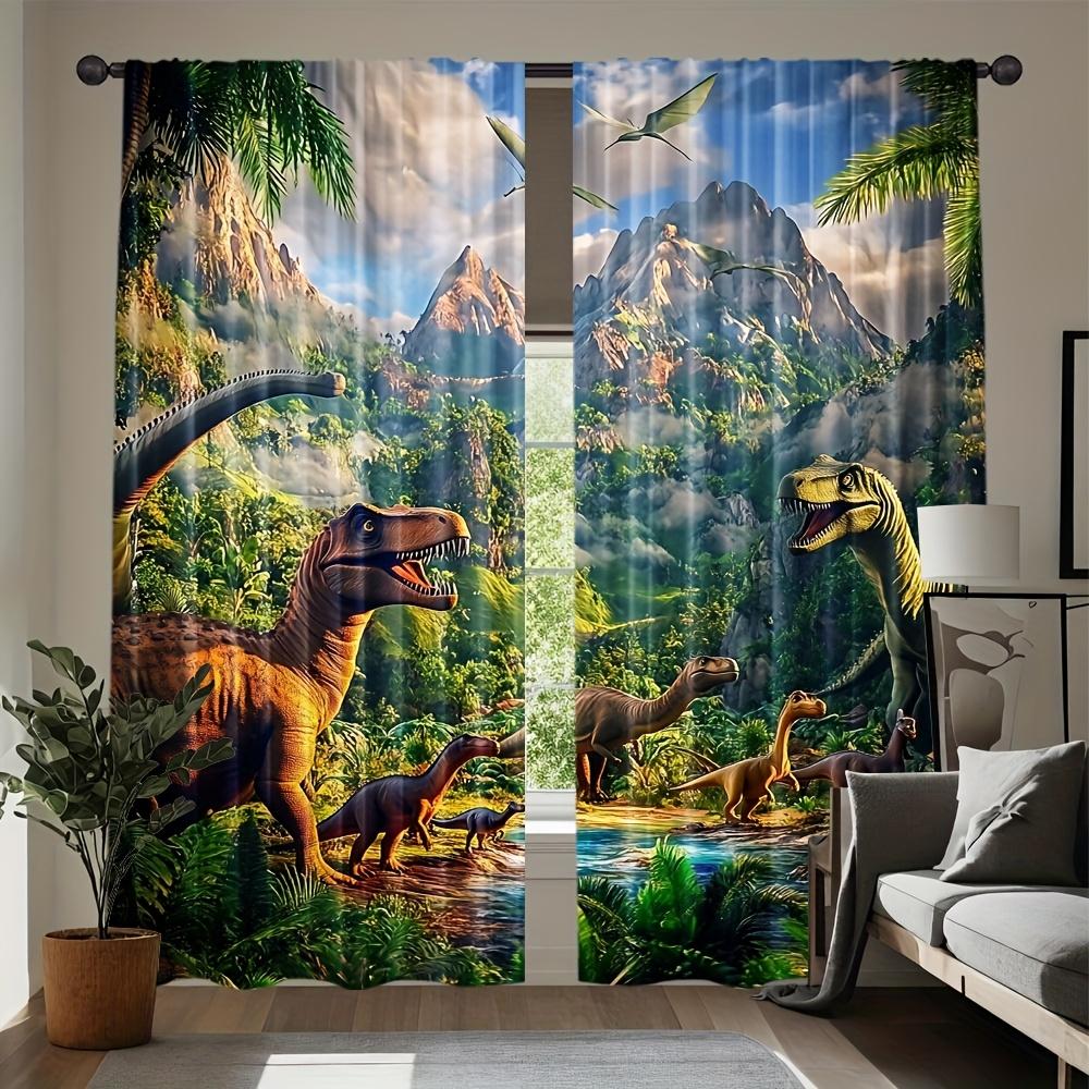 Dinosaur Curtains 2pcs – T-Rex & Jurassic Jungle Scene, Realistic Prehistoric Animal Print for Kids’ Bedroom and Playroom Decor