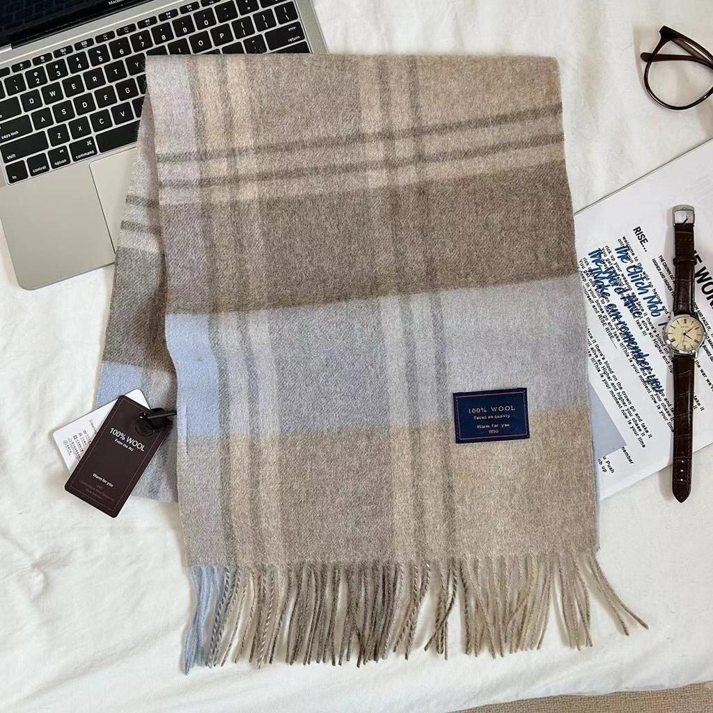 Men Scarf 100% Wool Plaid Warm Soft Muffler Female Winter Autumn Couple Cashmere Windproof Stripe Tassel Shawl Male Thick Scarf