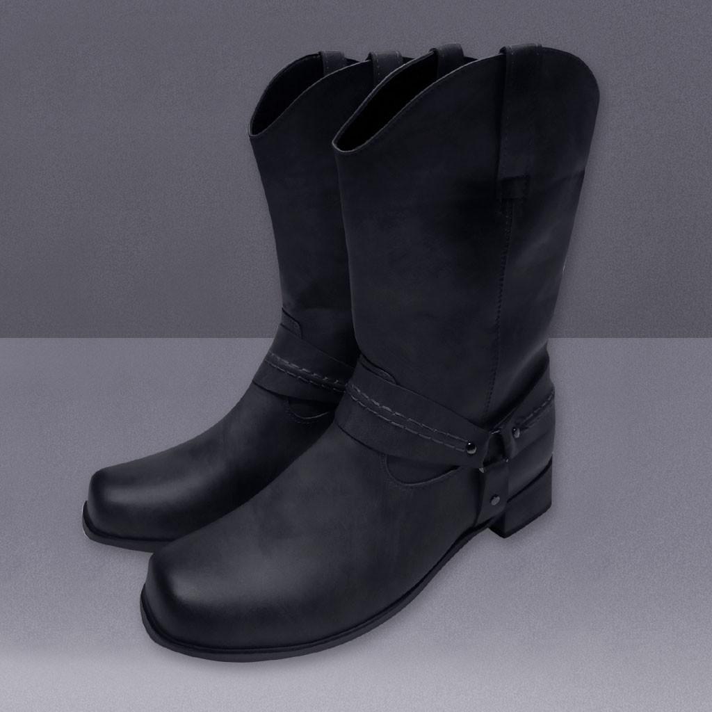 Мужские кожаные нескользящие туфли на низком каблуке с круглым носком и пряжкой, ковбойские сапоги