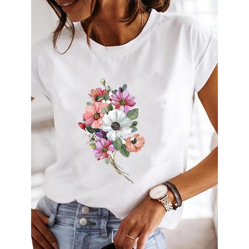 Весна Лето Женская одежда Love Flower Plant Printed Casual Simple Trend Top Round Neck Чистый хлопок Короткие рукава Футболки женские