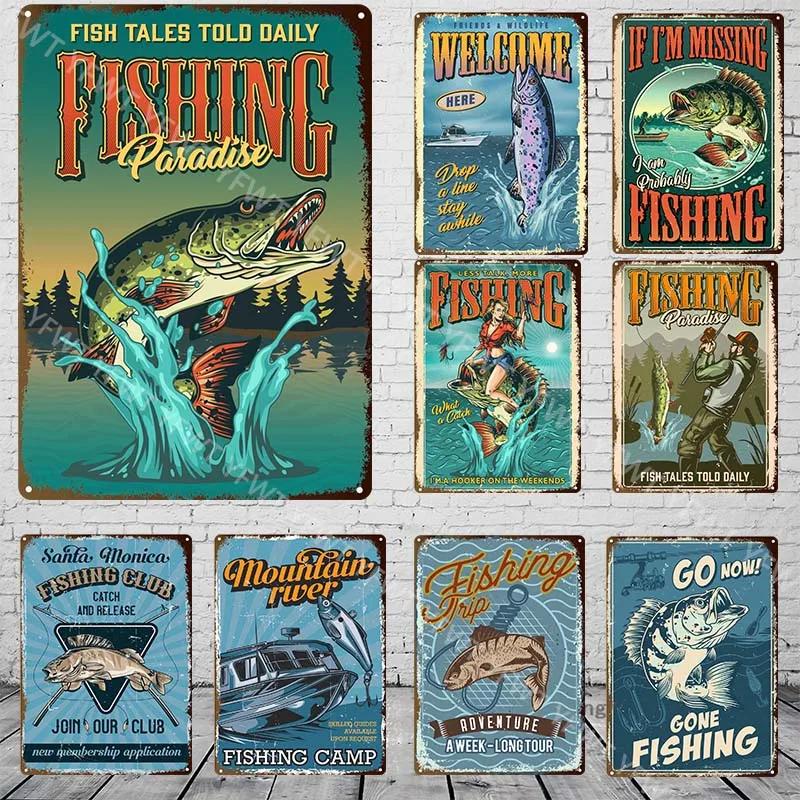 Fishing Rules Metal Tin Sign Fishing Sign Vintage Metal Plate for Wall Poster Farm Art Decoration Retro Stickers Plaques