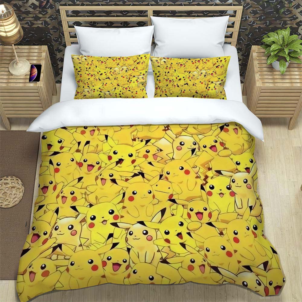 Classic Pikachu Print 3-Piece Bedding Set — Includes 1 Duvet Cover & 2 Pillowcases | Suitable for Adults & Children | A Warm Gif