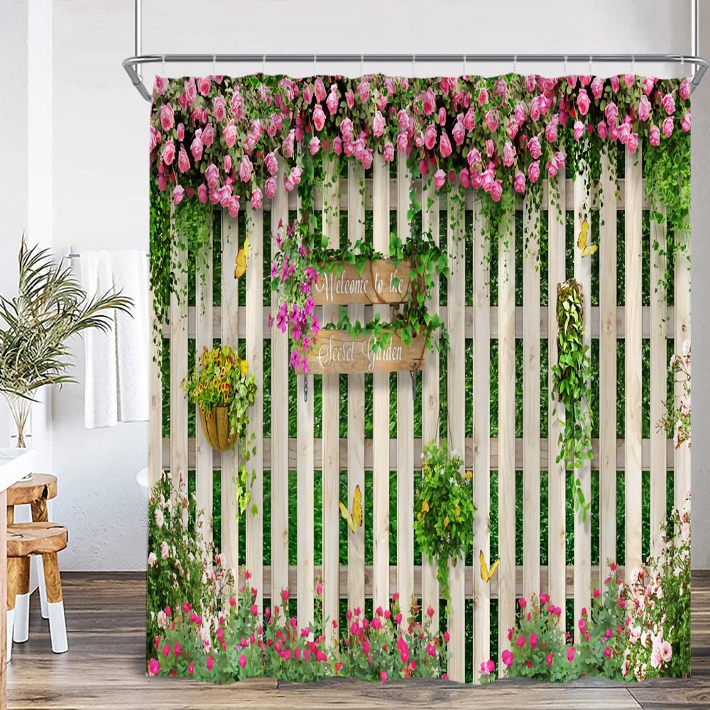 Green Vines Brick Wall Shower Curtain Pink Flowers European Garden Arch Door Bathroom Decorations Vintage Bath Curtain with Hook