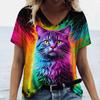 Women's T-shirt Summer Color Cat Print Women's Clothing V-neck Short-sleeved Animal Graphic Blouse Street Wear Oversized