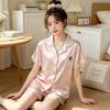Summer ice silk short-sleeved pajamas women's stripes can be worn outside loungewear comfortable love casual suit real shot