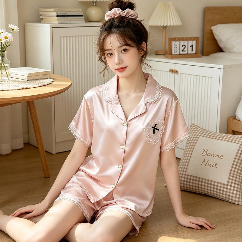 Summer ice silk short-sleeved pajamas women's stripes can be worn outside loungewear comfortable love casual suit real shot