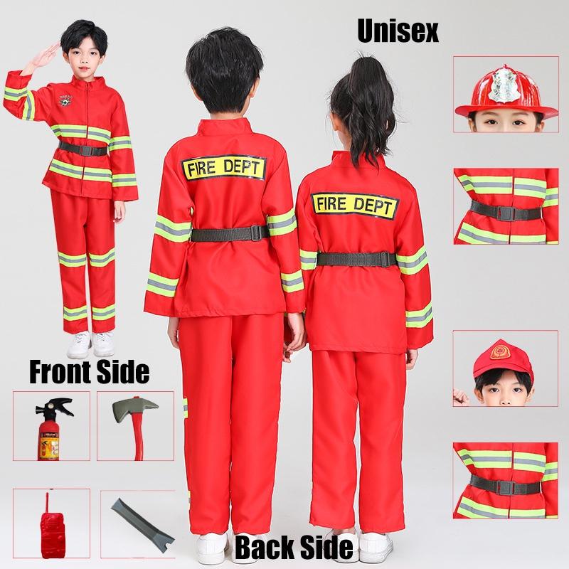 Детский костюм пожарного для переодевания, красный полиэстер, набор костюма пожарного с поясом и кепкой-уточкой
