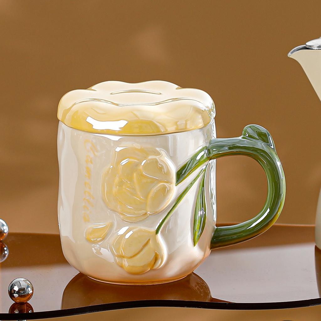 New Product Pearlescent Glazed Ceramic Cup with Lid Flower Mug High Value Household Set Water Cup Office Girls Cup