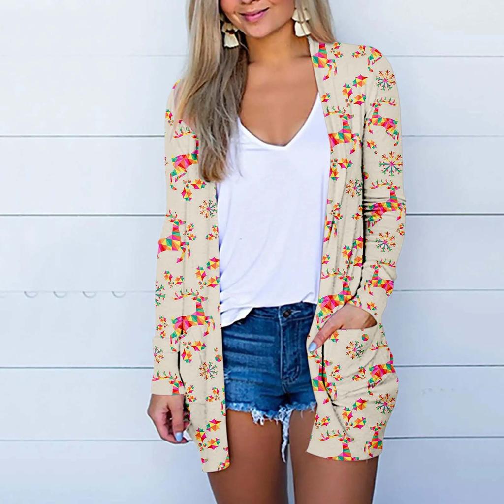 Женская модная повседневная куртка-кардиган с рождественским принтом средней длины, пальто