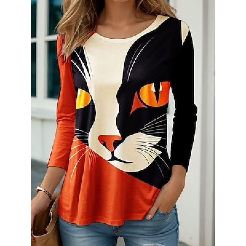 Women's 3d Colorful Cartoon Kawaii Cat Print Autumn Long Sleeve Tops Women's T-Shirt O-Neck Oversized Ladies Clothing