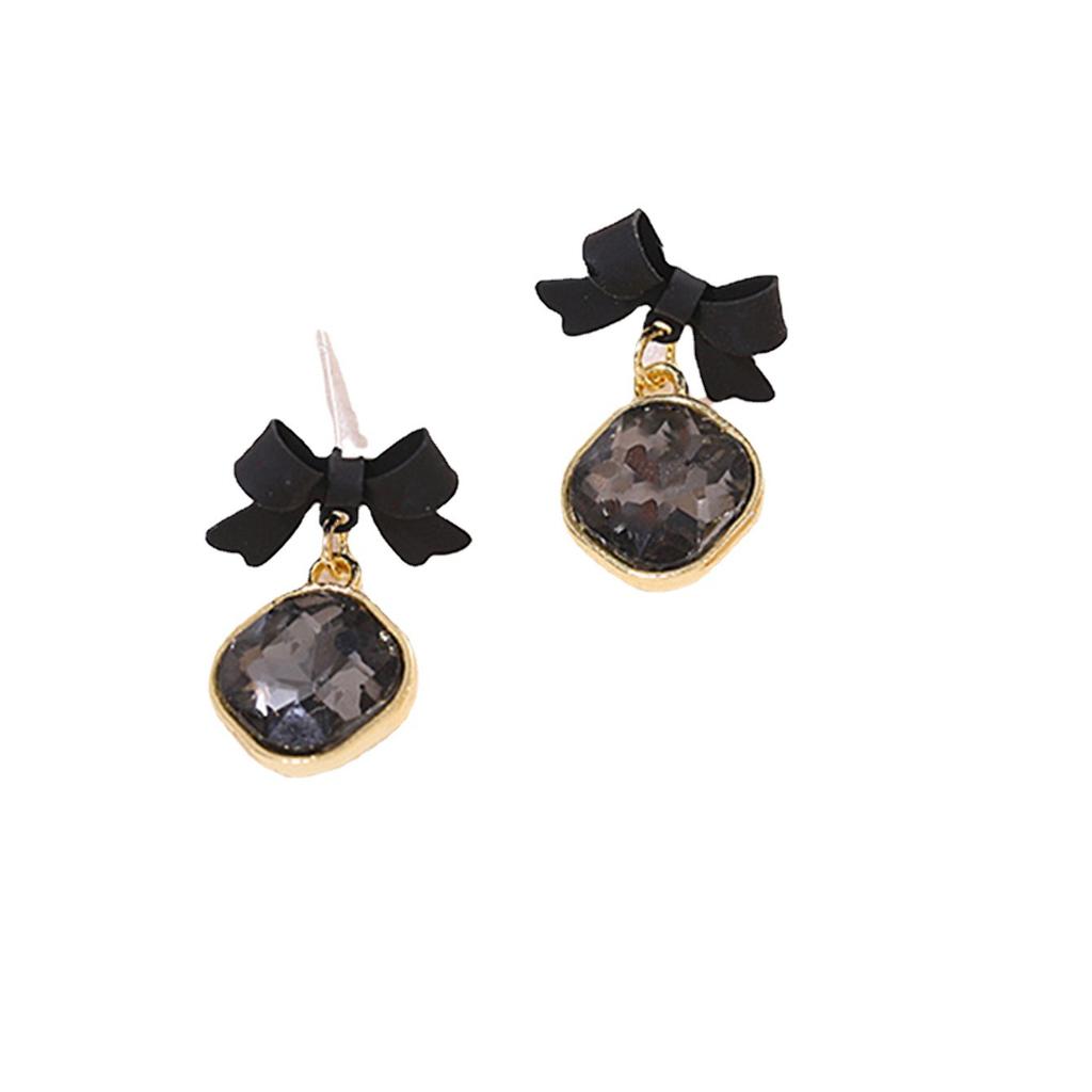 Stylish Black Bow Square Earrings, Gemstone Fashion Temperament Simple Geometric Stud Earrings