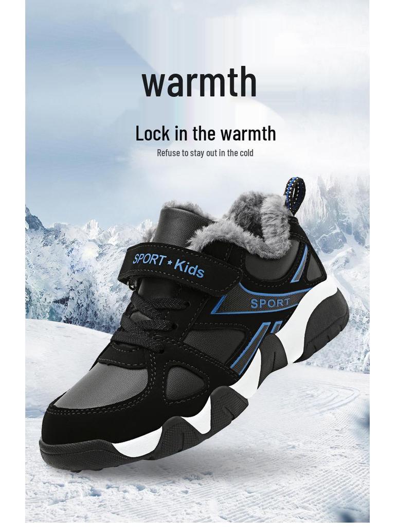 Winter 2025 Boys' Velcro Sports Shoes - Warm Cotton, Plus Velvet, for Older Kids & School Students