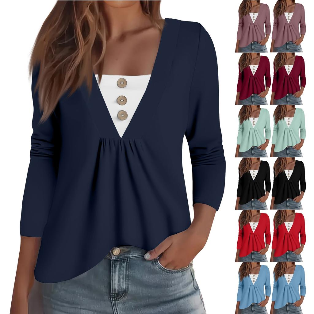 Women's Fashion Casual Long Sleeve Shirt Solid Color Button V Neck Up Tops