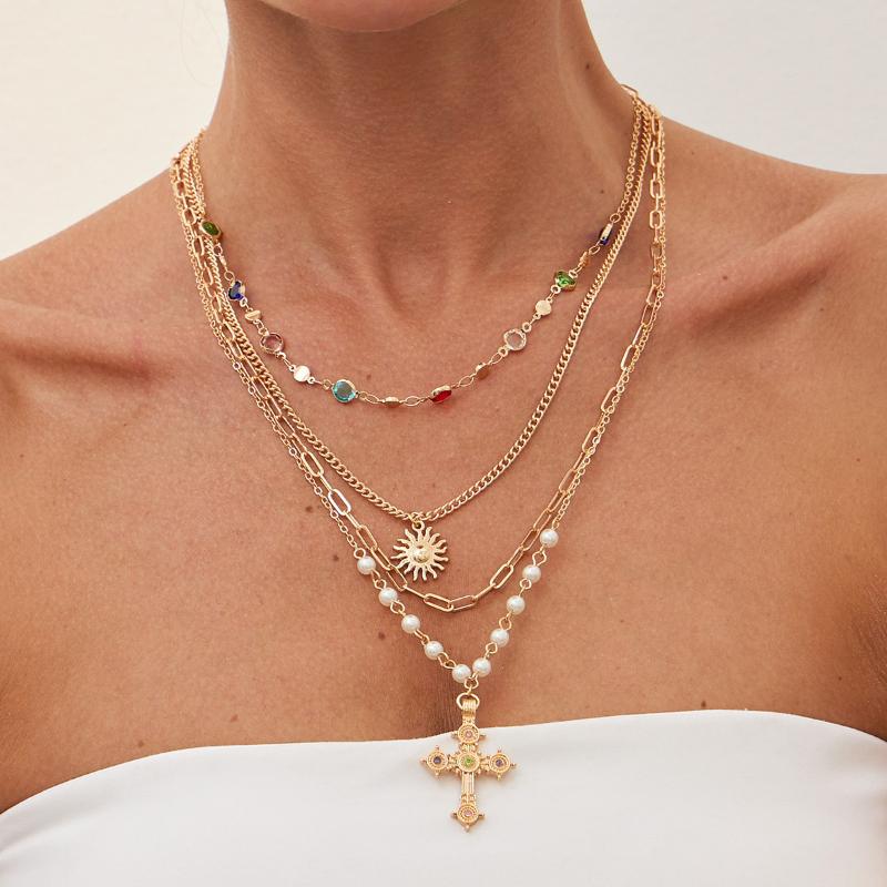 Fashionable Light Luxury Jesus Cross Pendant Necklace Set For Women Trendy Colorful Crystal Chain Choker Christian Jewelry Gift