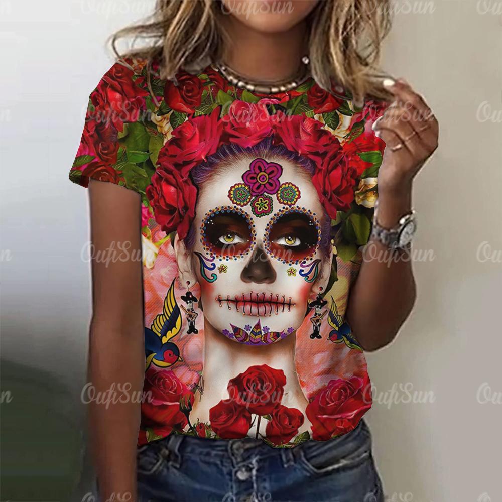 Женская футболка с принтом черепа для печати Харадзюку Топы с коротким рукавом Осень Круглый вырез Свободный свитер Женская повседневная одежда