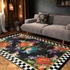 Bold Boho Flower  Black Background Accent Mat  Purple Blue Orange Floral DecorCheckered Edge CarpetWashable Rug