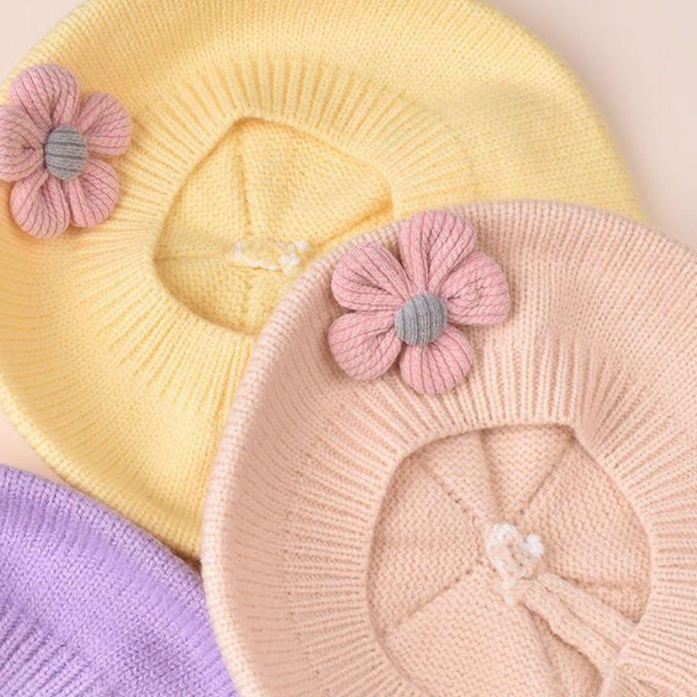 Korean Baby Beret Hat Flower Baby Knitted Hat New Artist Painter Caps For Infant Girls