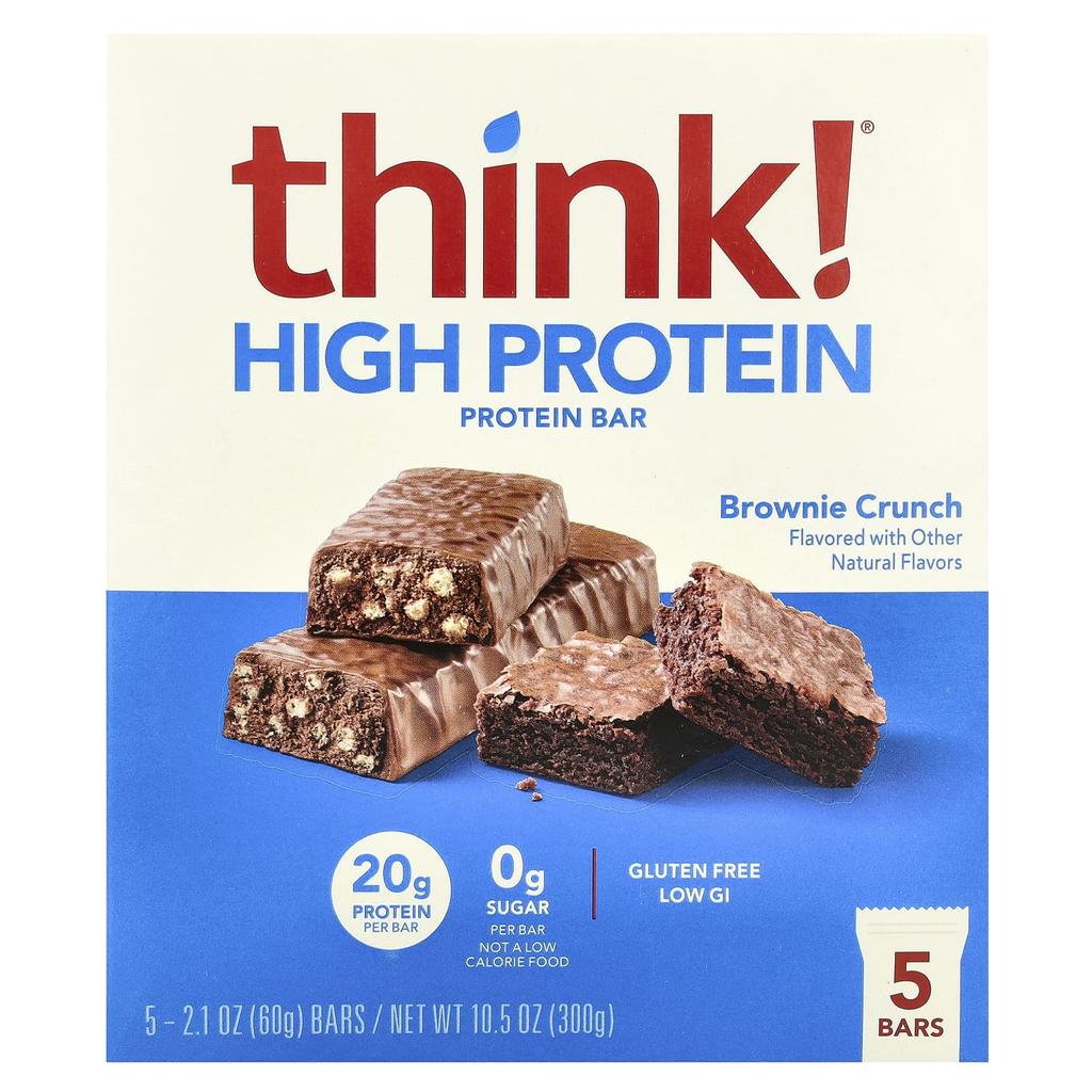 Think!, High Protein Bar, Brownie Crunch, 5 Bars, 60g (2.1oz) Each
