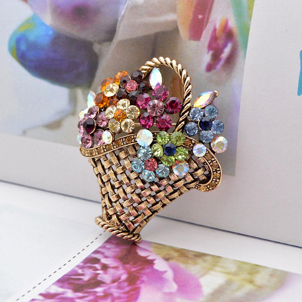Creative Flower Basket Zircon Brooch Vintage Colorful Pins Women Fashion Jewelry Clothes Coat Decoration Scarf Buckle