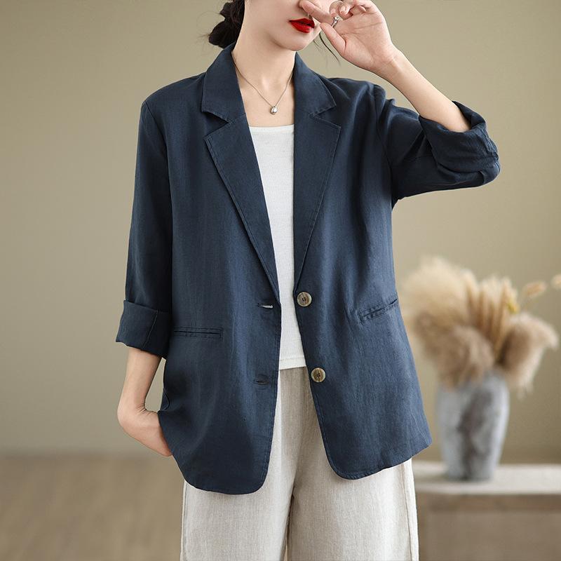 Spring Autumn Literary Vintage Cotton Linen Casual Suit Women Long Sleeve Solid Blazer Female Cardigan Coat Top