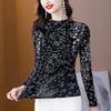 High Neck Printed Mesh Base Shirt for Women In Autumn Long Sleeved Top Stylish Versatile Elastic Slim Fit T-shirt