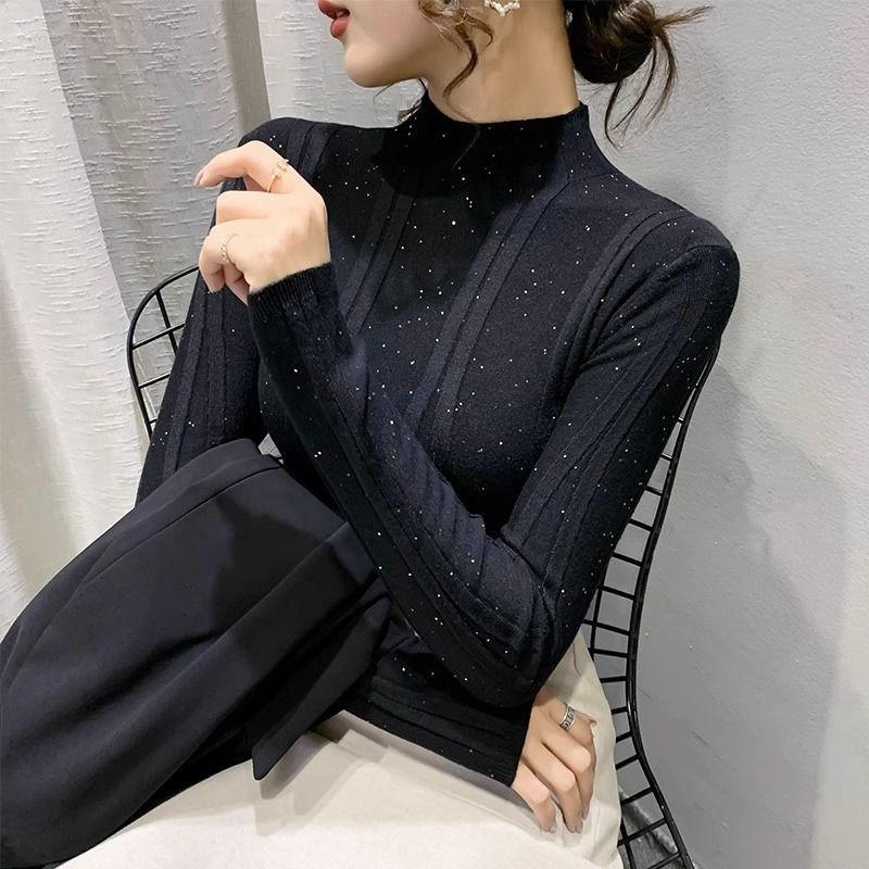 Женская зимняя водолазка в корейском стиле с высоким воротом и ромбовидной инкрустацией, трикотажный топ