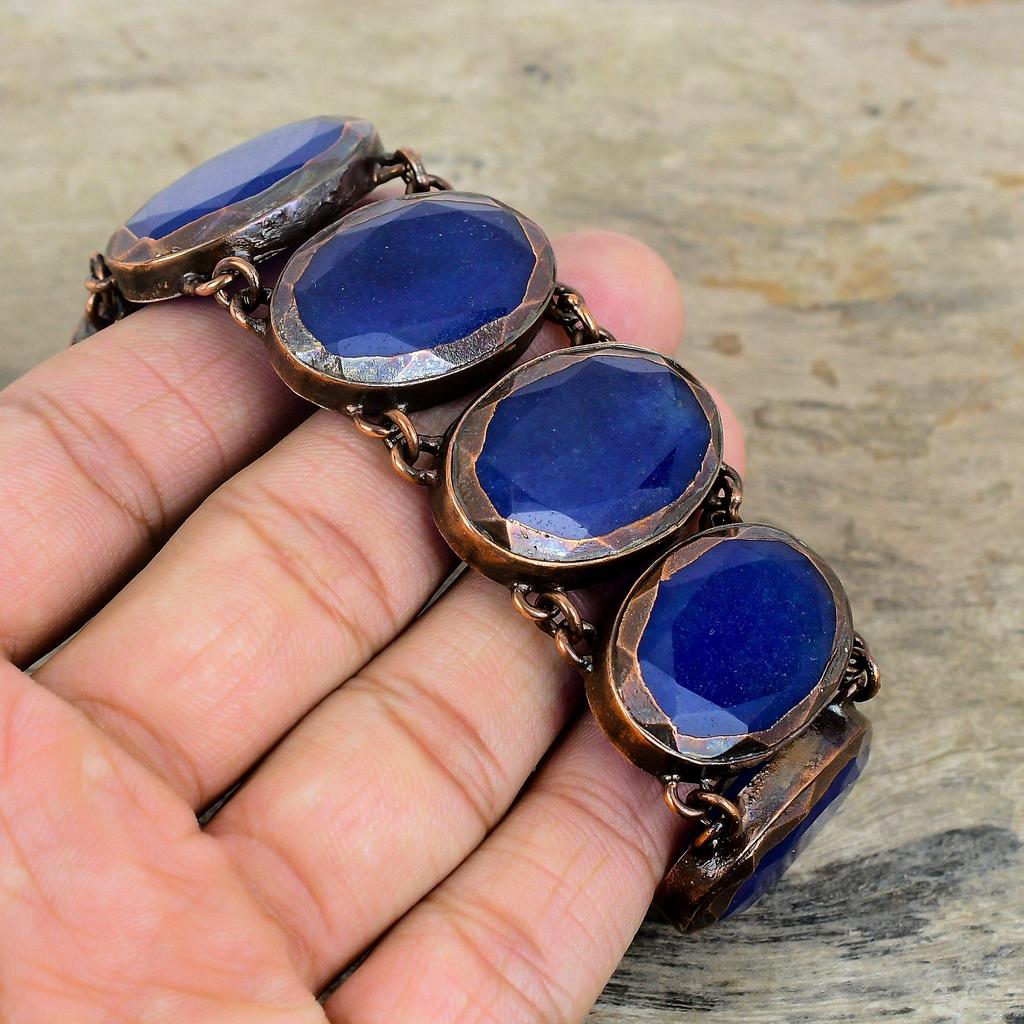 Граненый браслет из синего сапфира, гальванопластичный медный браслет с драгоценным камнем, браслет с регулируемой цепочкой, браслет ручной работы, медные украшения для подарков