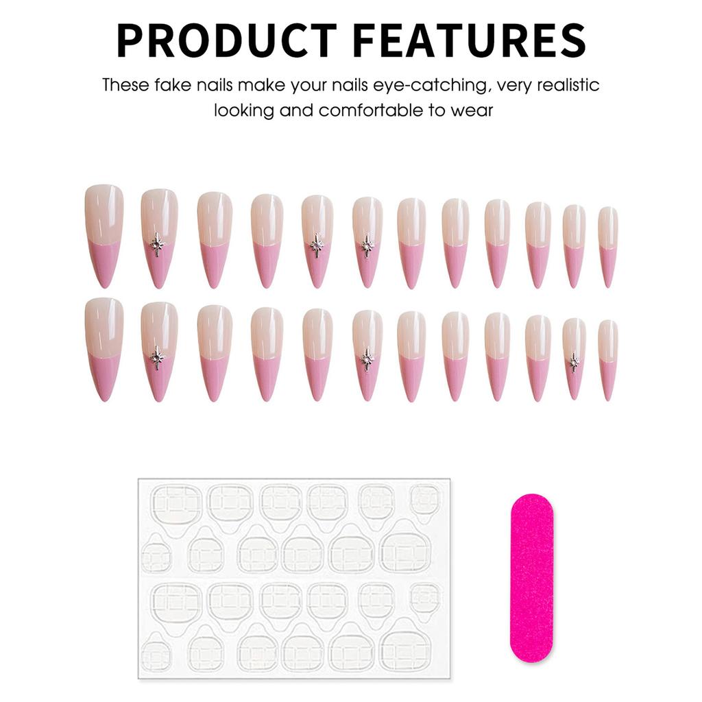 24PCS French Pink Glossy Tip Press on Nails Long Lasting Safe Material Waterproof False Nails for Women Girls Manicure DIY